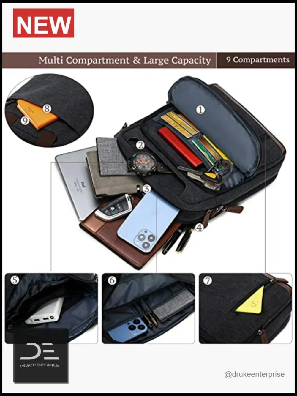 Small Canvas Crossbody Shoulder Messenger Work Bag with Multiple Pockets